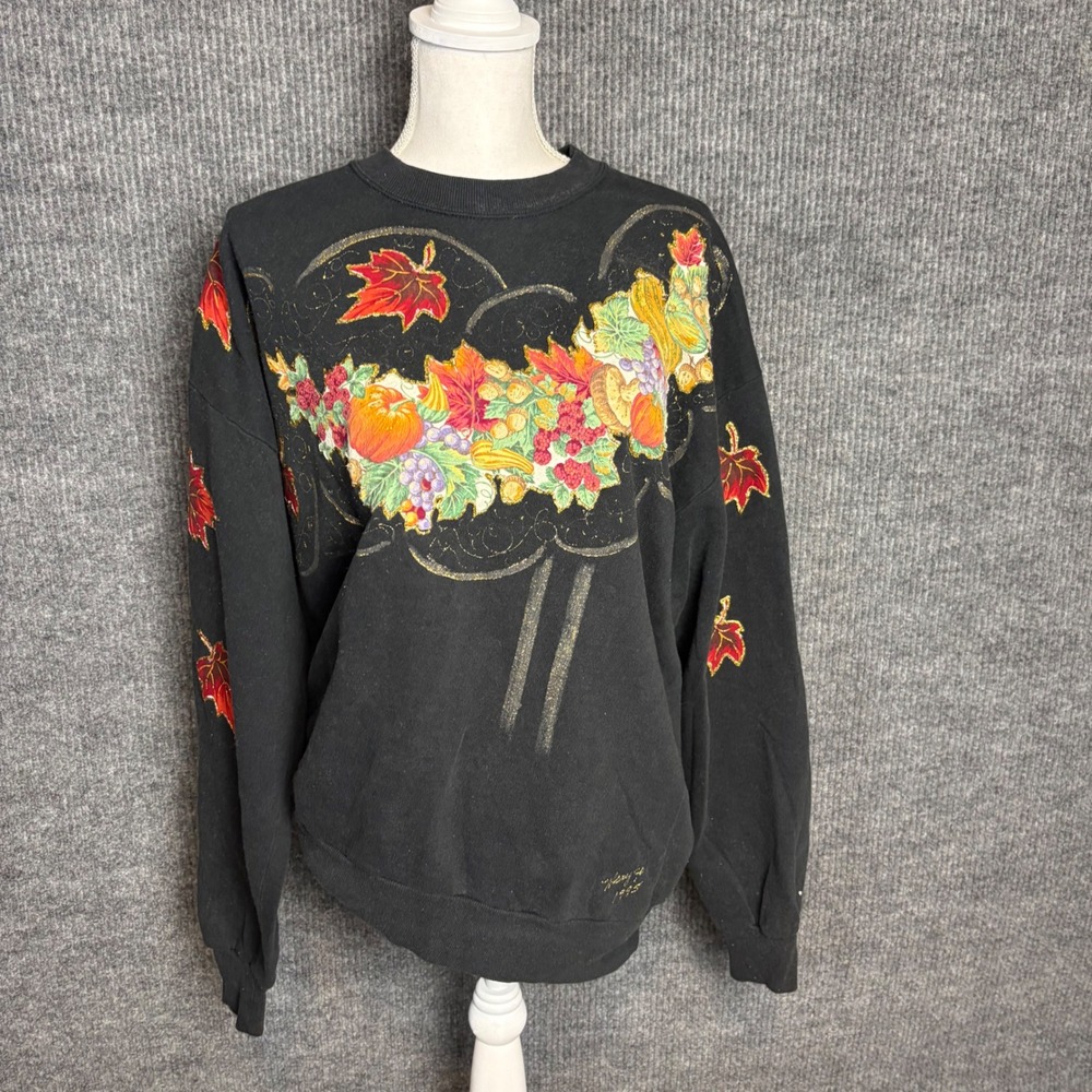 Vintage 1995 Jerzees Black Harvest Graphic Sweatshirt XL Autumn Leaves Glitter